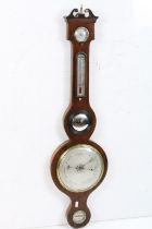 Early 19th century Mahogany Banjo Barometer with swan-neck pediment, damp / dry dial, thermometer,