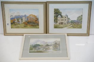 Three watercolour paintings of country houses, by Henry B. Adcock