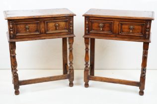 Pair of Oak Side Tables in the 17th century manner, each with a single drawer with moulded fronts