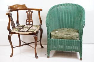 1930’s Lloyd Loom style Green Tub Chair together with Late 19th / Early 20th century Corner Chair