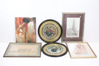 Group of six paintings & prints to include a 20th century oil on canvas of a nude female (