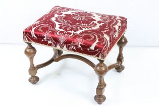 Queen Anne style Walnut Dressing Stool with red and cream silk upholstered seat, 60cm wide x 47cm