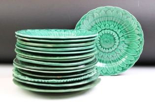 Collection of fifteen 19th century majolica moulded leaf plates, to include Wedgwood examples. (