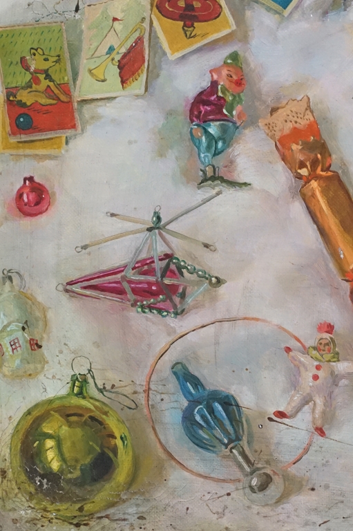 Russian School, Oil on Canvas Study of Christmas Baubles, signed and title text on verso, 48.5cm x - Image 2 of 9