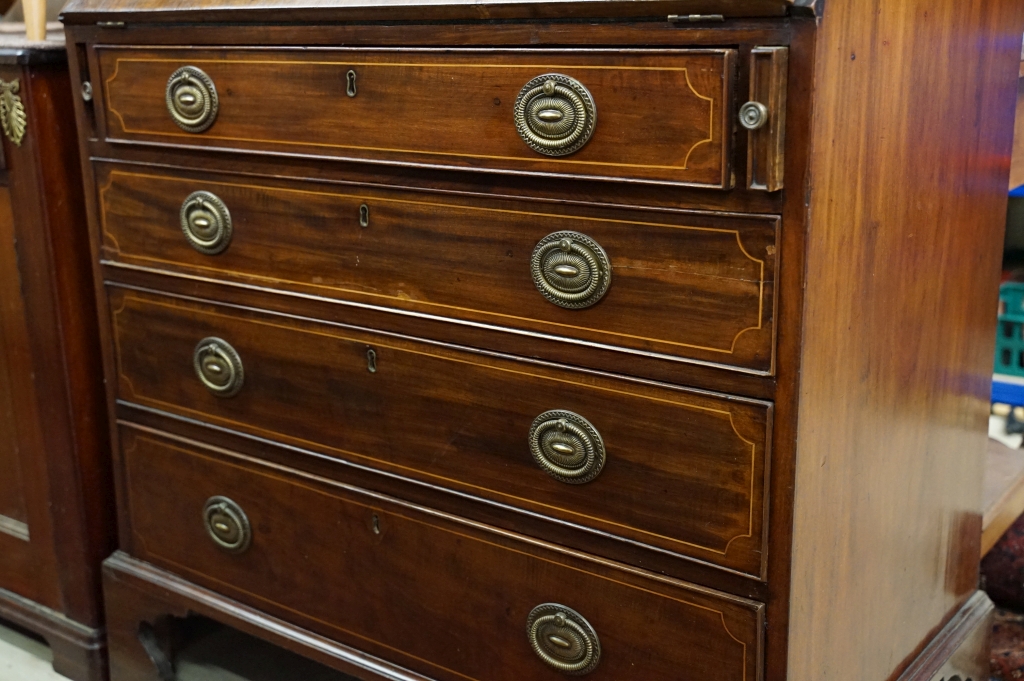 19th century Mahogany Inlaid and Cross-banded Bureau, the fall front opening to a fitted interior, - Image 7 of 12