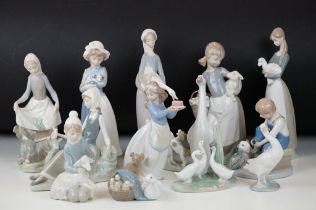 Collection of nine Lladro figurines including various group figures with animals, three Nao