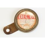 Mid century Bicycle Tax Disc Holder containing a Tax Disc dated Dec 64