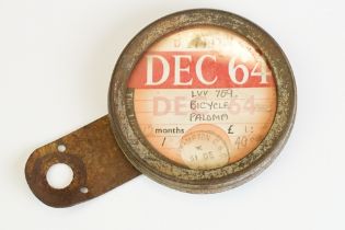 Mid century Bicycle Tax Disc Holder containing a Tax Disc dated Dec 64