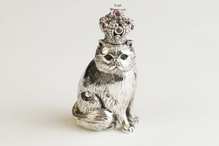 Silver Royal Cat Figure with ruby crown and emerald eyes