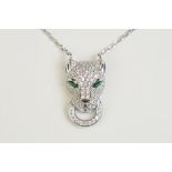 Silver CZ designer style Panther Pendant Necklace with Emerald Eyes