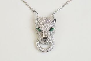 Silver CZ designer style Panther Pendant Necklace with Emerald Eyes