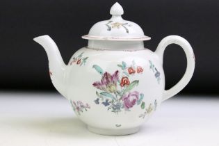 18th Century English porcelain teapot & cover, possibly Worcester, hand decorated with floral