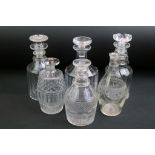 Group of six 19th century glass decanters to include cut / faceted glass examples, featuring a