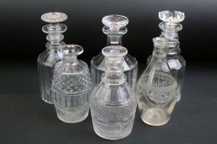 Group of six 19th century glass decanters to include cut / faceted glass examples, featuring a