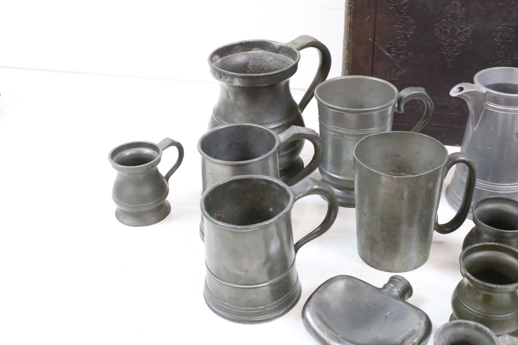 A collection of antique pewter to include tankards, jug, hip flask...etc. together with an antique - Image 4 of 7