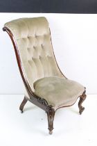 Victorian Salon Chair with scrolling carved mahogany frame and sage green button back upholstery,