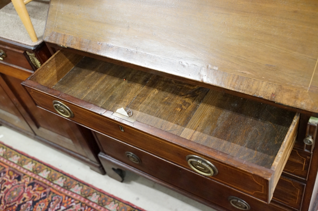 19th century Mahogany Inlaid and Cross-banded Bureau, the fall front opening to a fitted interior, - Image 9 of 12