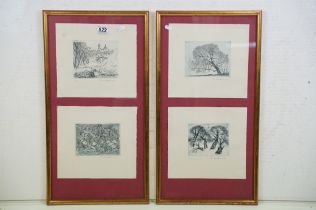 Four limited edition etchings, various subjects to include trees, buildings amongst the woods and an