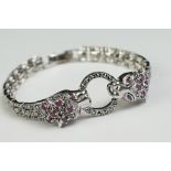 Silver and Marcasite Bracelet with Panther clasp set with Rubies