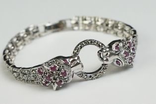 Silver and Marcasite Bracelet with Panther clasp set with Rubies