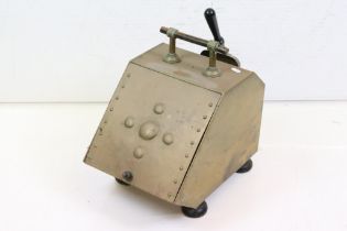 Victorian Aesthetic Movement Brass Coal Box Scuttle with turned wooden handle and bun feet, with