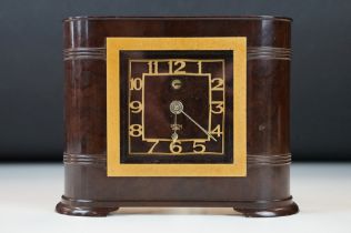 1930s Art Deco Smith Sectric Bakelite clock having a square face with gilt markings to the chapter