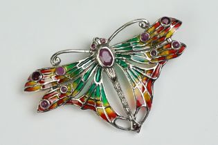 Silver Plique A Jour Butterfly Brooch / Pendant set with ruby cabochons