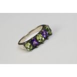 Silver Five Stone Ring Set with peridots and amethysts