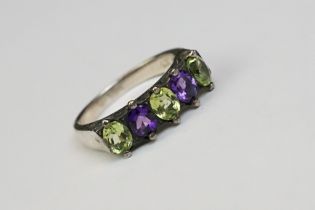 Silver Five Stone Ring Set with peridots and amethysts