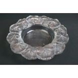Lalique 'Honfleur' pattern moulded glass circular dish, the border moulded with frosted leaves,