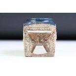 Troika Pottery Marmalade Jar of cube form, the body with incised geometric design, signed 'Troika