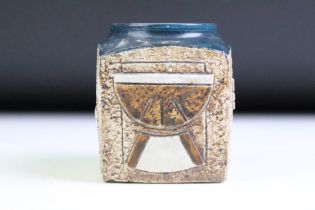 Troika Pottery Marmalade Jar of cube form, the body with incised geometric design, signed 'Troika