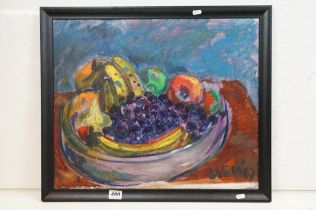 Sven Berlin (1911 - 1999), still life of fruit in a bowl, oil on board, signed lower right and dated