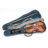 Early-to-mid 20th century violin with typical scroll carved headstock & three bows, in crocodile