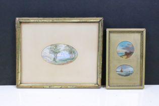 19th century Pair of Oval Oil Paintings Coastal Scenes with Sailboats, 23 x 15cm overall and a