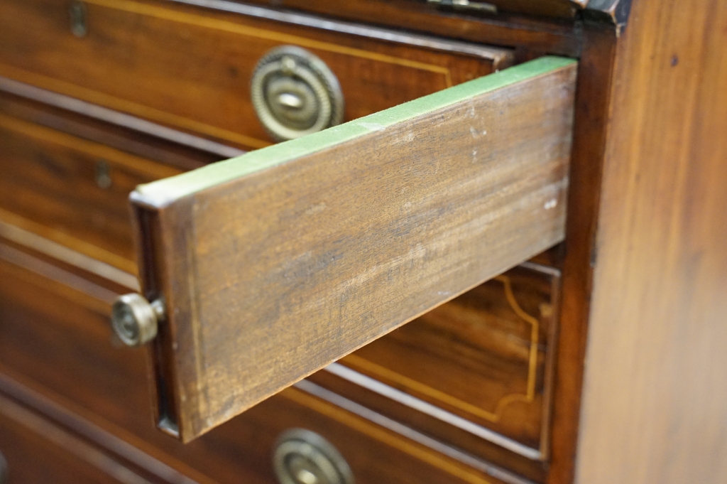 19th century Mahogany Inlaid and Cross-banded Bureau, the fall front opening to a fitted interior, - Image 5 of 12