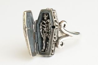 Silver Coffin Ring with attached skeleton