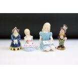 Four Alice In Wonderland porcelain figures to include Royal Worcester Alice candle snuffer, modelled