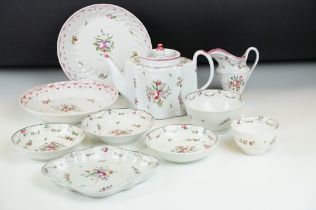 Early 19th Century New Hall famille rose tea set, having a white ground with pink floral sprays