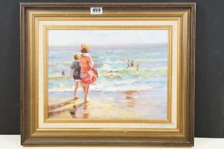 Impressionist Oil Painting Beach Scene with Children sea gazing, 29.5cm x 39.5cm