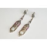 Pair of Silver Marcasite Ruby and Opal panelled Art Deco style Earrings