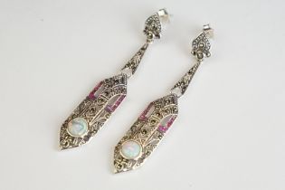 Pair of Silver Marcasite Ruby and Opal panelled Art Deco style Earrings