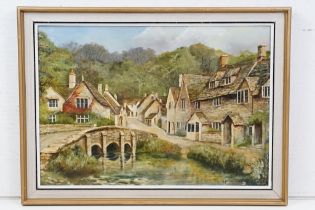 E F Shortman, Castle Combe, oil on board, 41 x 59cm, framed