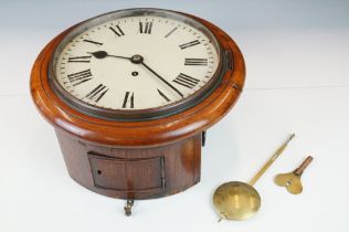 Late 19th century mahogany cased wall school clock, with Roman numerals & poker-style hands, with