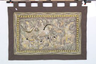 South East Asian Stumpwork style Wall Hanging Panel depicting a horse drawn chariot and figures,