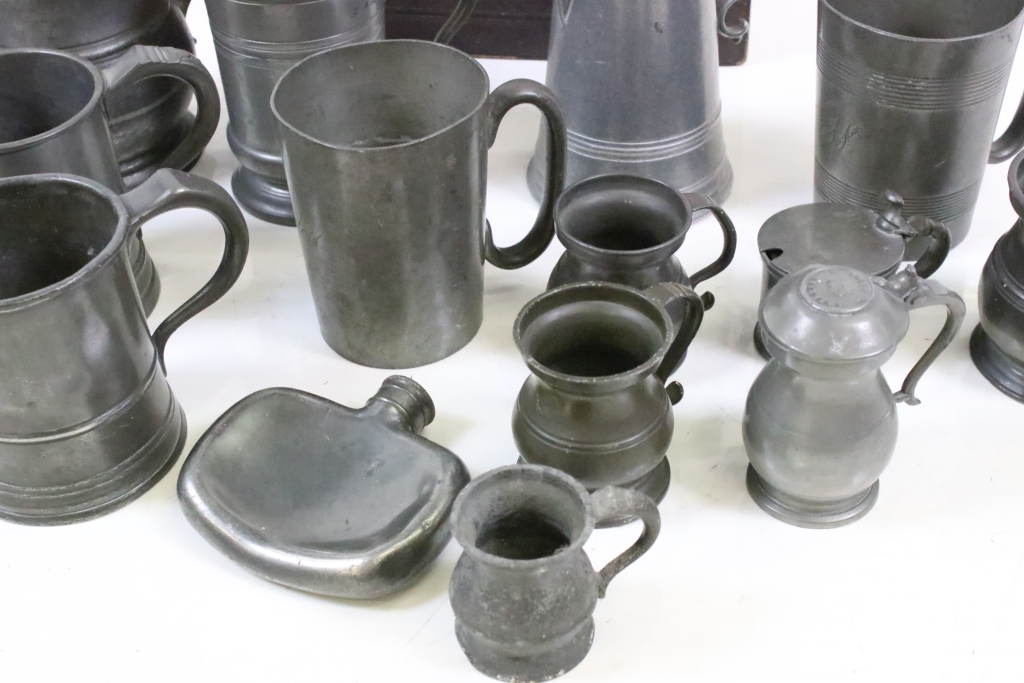 A collection of antique pewter to include tankards, jug, hip flask...etc. together with an antique - Image 3 of 7
