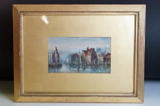 Thomas Mortimer (1880-1920) Watecolour Cityscape with Half-timbered Buildings and Sailboats, signed,
