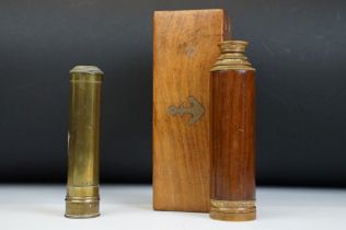 A contemporary three drawer telescope within wooden case together with a brass example.