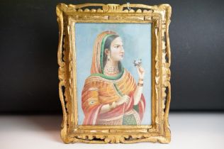 Pierced Gilt Framed Oil Painting of an Indian Empress, 23cm x 16.5cm