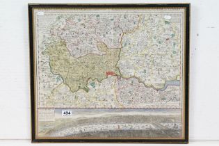 18th century map of the Home Counties, hand coloured engraving, label verso for Baynton- Williams (